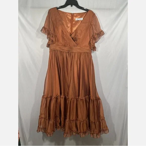 NWT Mac Duggal [ 12 ] Sheer Flutter Sleeve Tea Length Ruffle Dress‎ Rust Orange - Picture 3 of 15